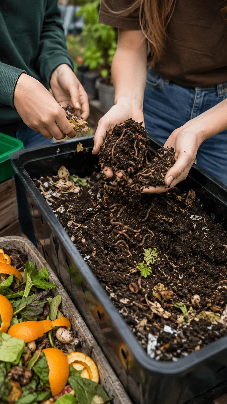 High school students examining earthworms and organic compost in a worm composting bin for a sustainable school garden project