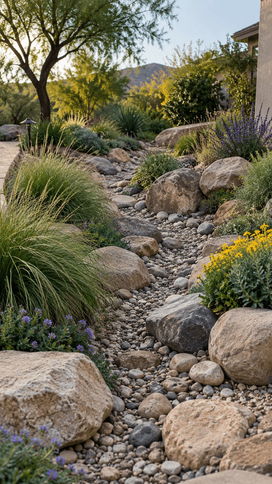 Xeriscape dry creek bed with natural rocks pebbles drought tolerant ornamental grasses purple and yellow flowers and native plants for rainwater management