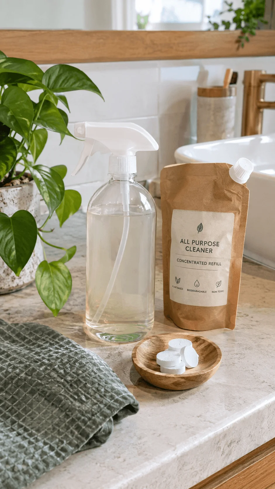 Zero waste bathroom cleaning setup with a reusable spray bottle, concentrated cleaner refill pouch, wooden bowl, cleaning tablets and reusable cloth beside a sink