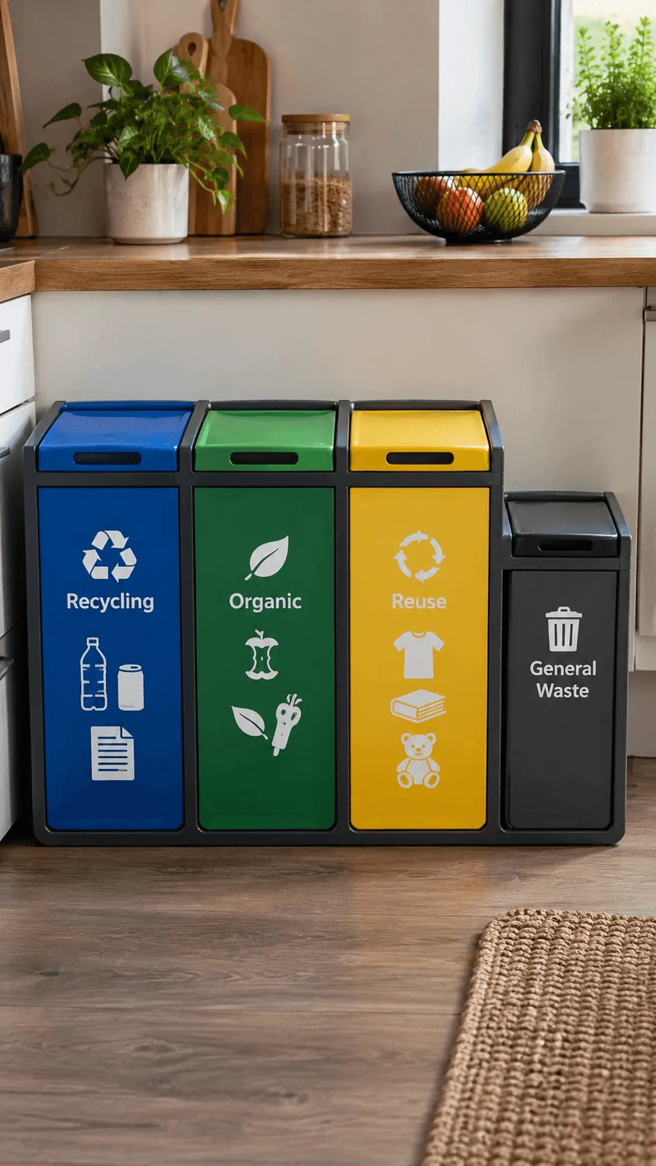 Zero waste sorting station with separate compartments for recycling organic waste reusable items and a smaller general waste bin in a modern kitchen