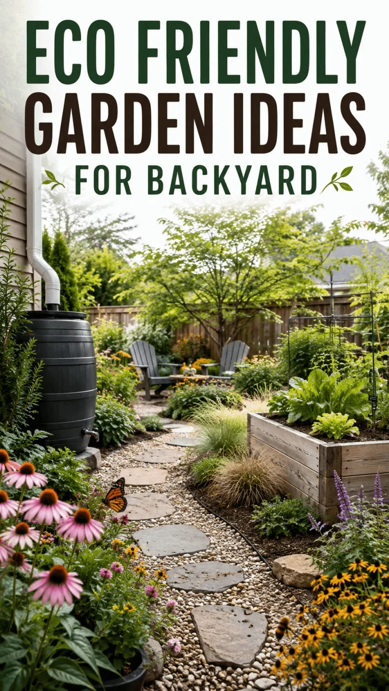 Eco friendly backyard garden with rain barrel raised vegetable bed native flowers pollinator plants gravel path and sustainable landscaping