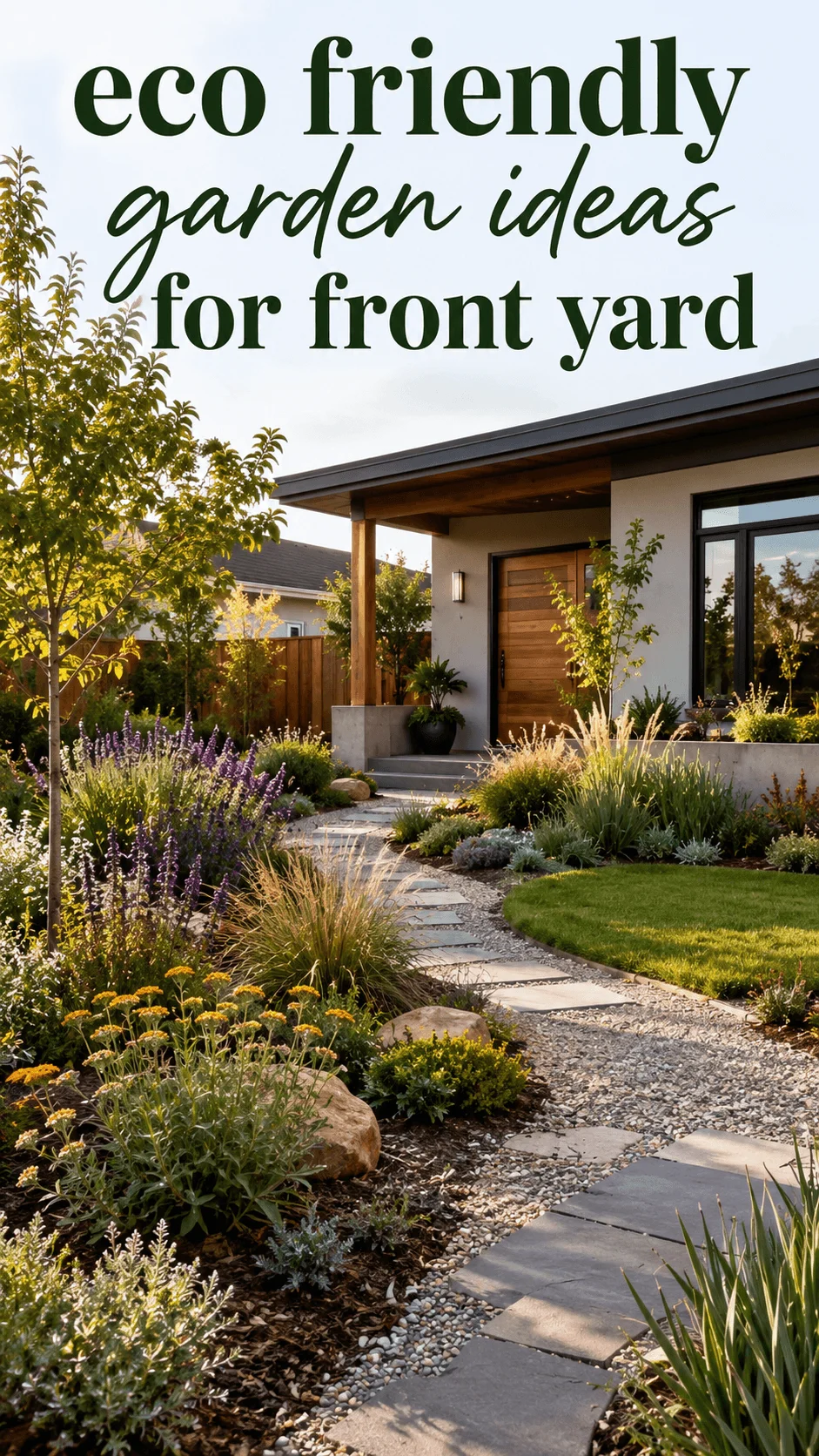 Eco friendly front yard garden with native flowers ornamental grasses stone pathway and modern home landscaping