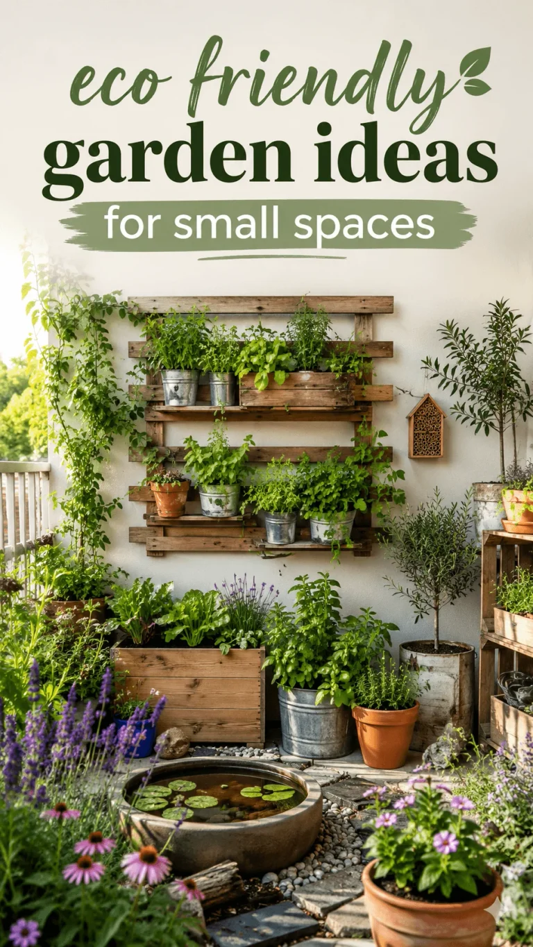 Eco friendly garden ideas for small spaces with vertical wooden planters, herbs, potted plants, colorful flowers and a mini wildlife pond