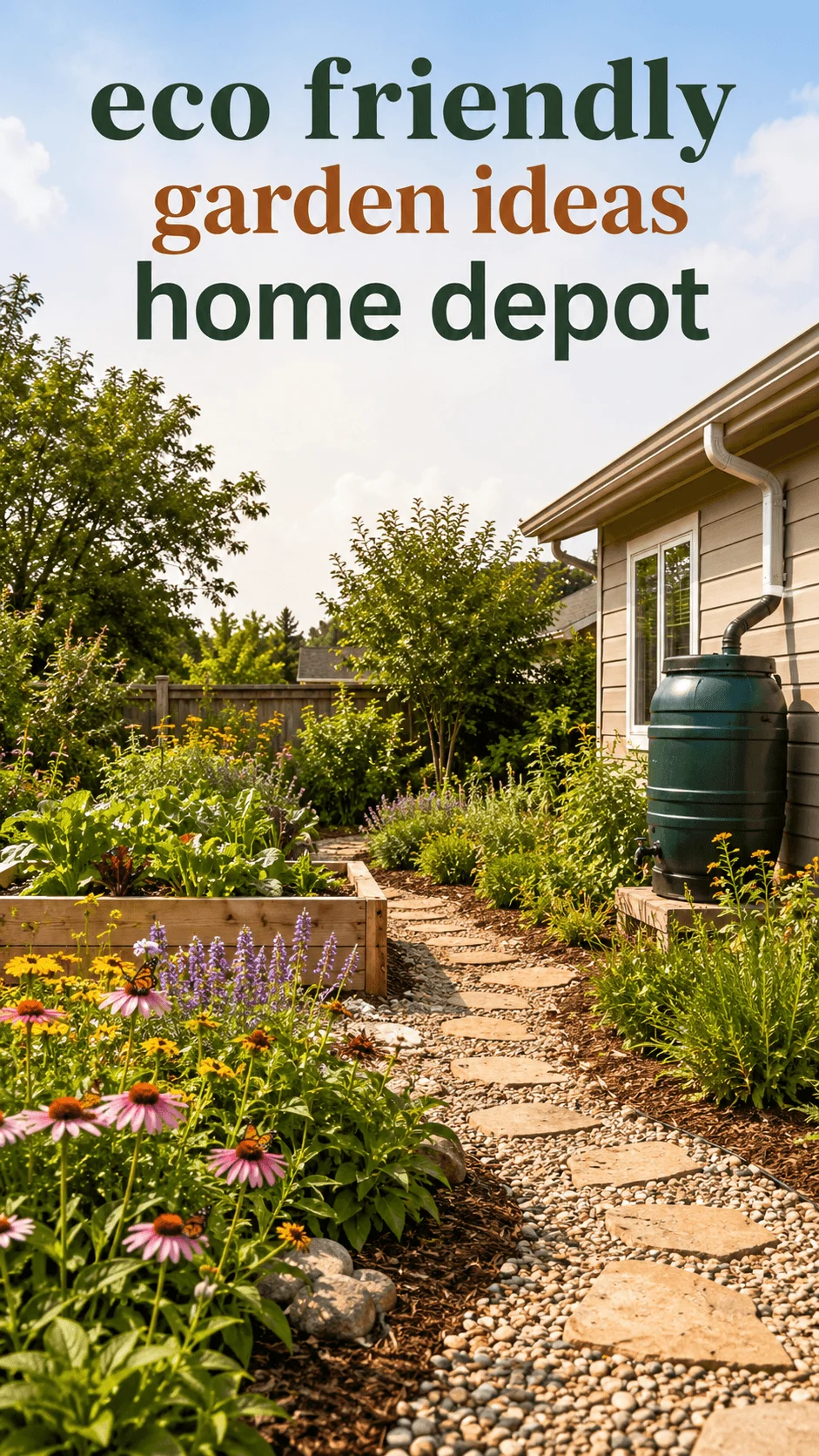 Eco friendly garden ideas with raised beds native flowers permeable stone path and rain barrel beside a sustainable home