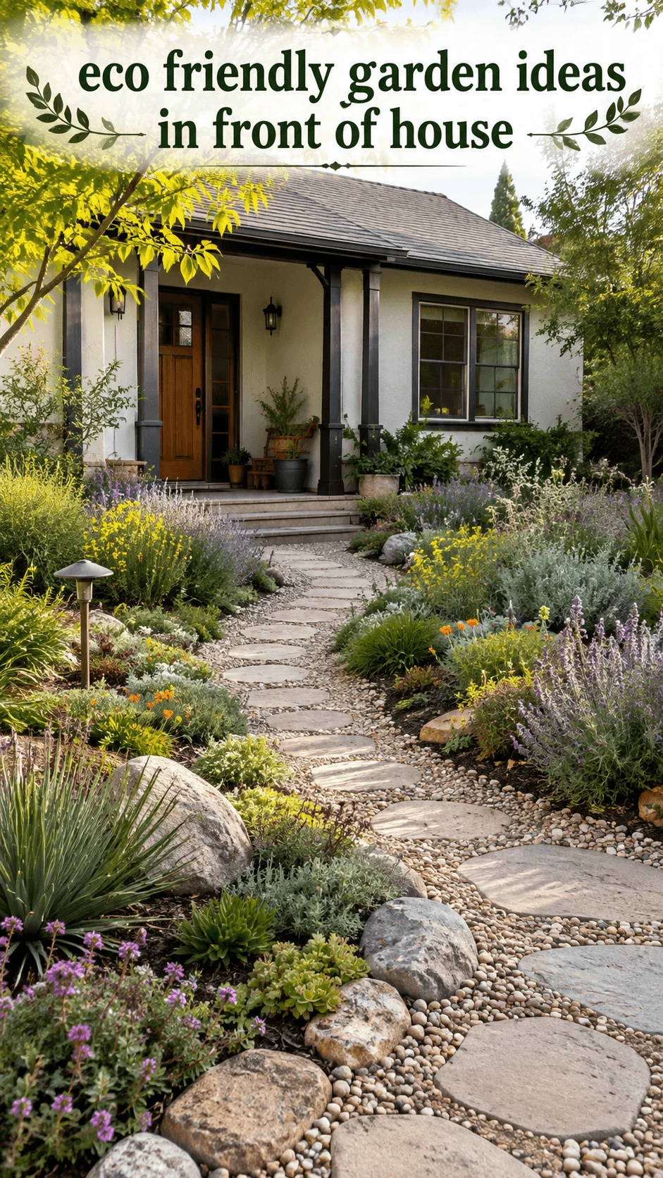 Eco friendly front garden with stepping stone pathway colorful drought tolerant plants natural rocks and a modern house entrance