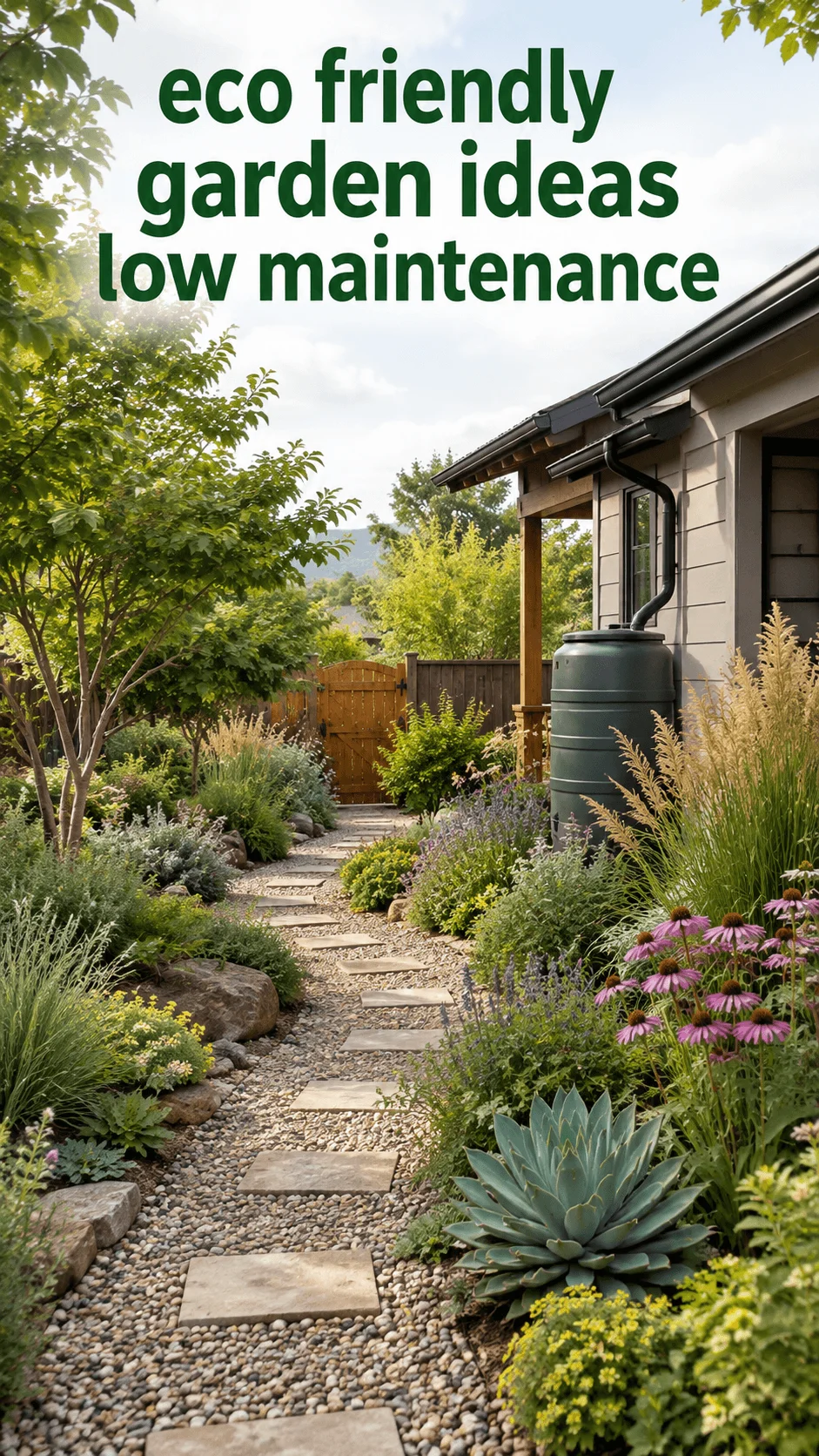 Eco friendly low maintenance garden with native plants, gravel stepping stone path, drought tolerant flowers, ornamental grasses, and a rain barrel beside a modern home