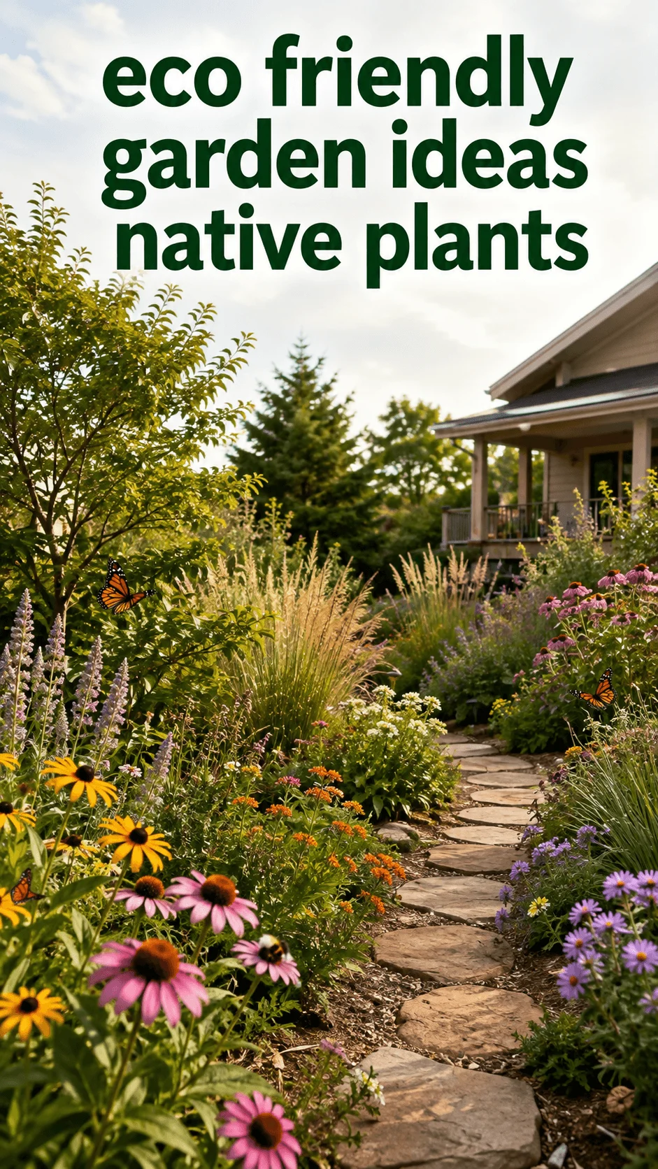 Eco friendly native plant garden with colorful wildflowers, ornamental grasses, stone pathway, butterflies, and a natural backyard landscape