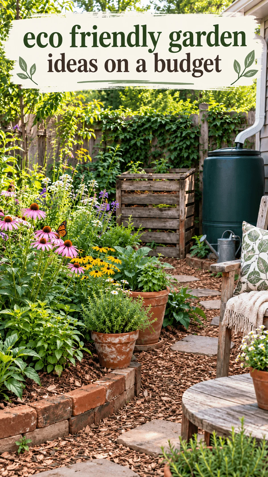 Eco friendly garden ideas on a budget with colorful flowers, reclaimed brick edging, terracotta pots, compost bin, rain barrel, mulch path, and rustic outdoor seating