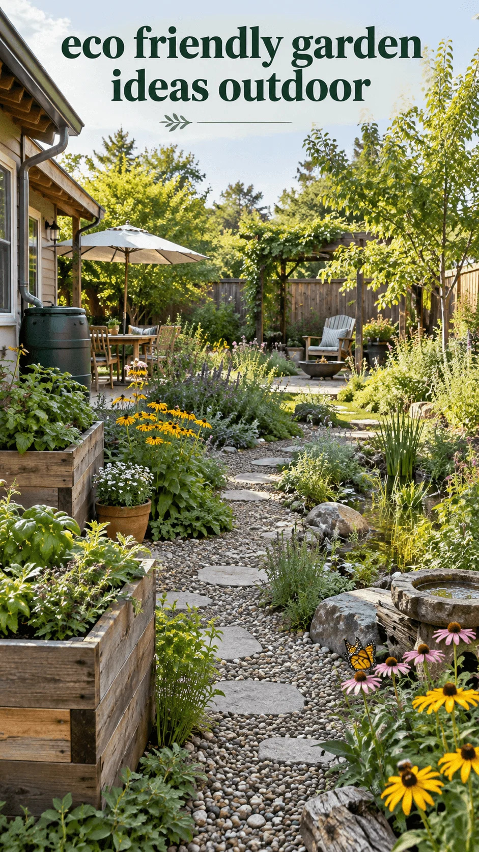 Eco friendly outdoor garden with raised wooden beds, native flowers, gravel stepping stone path, rain barrel, small wildlife pond, lush greenery and butterfly habitat
