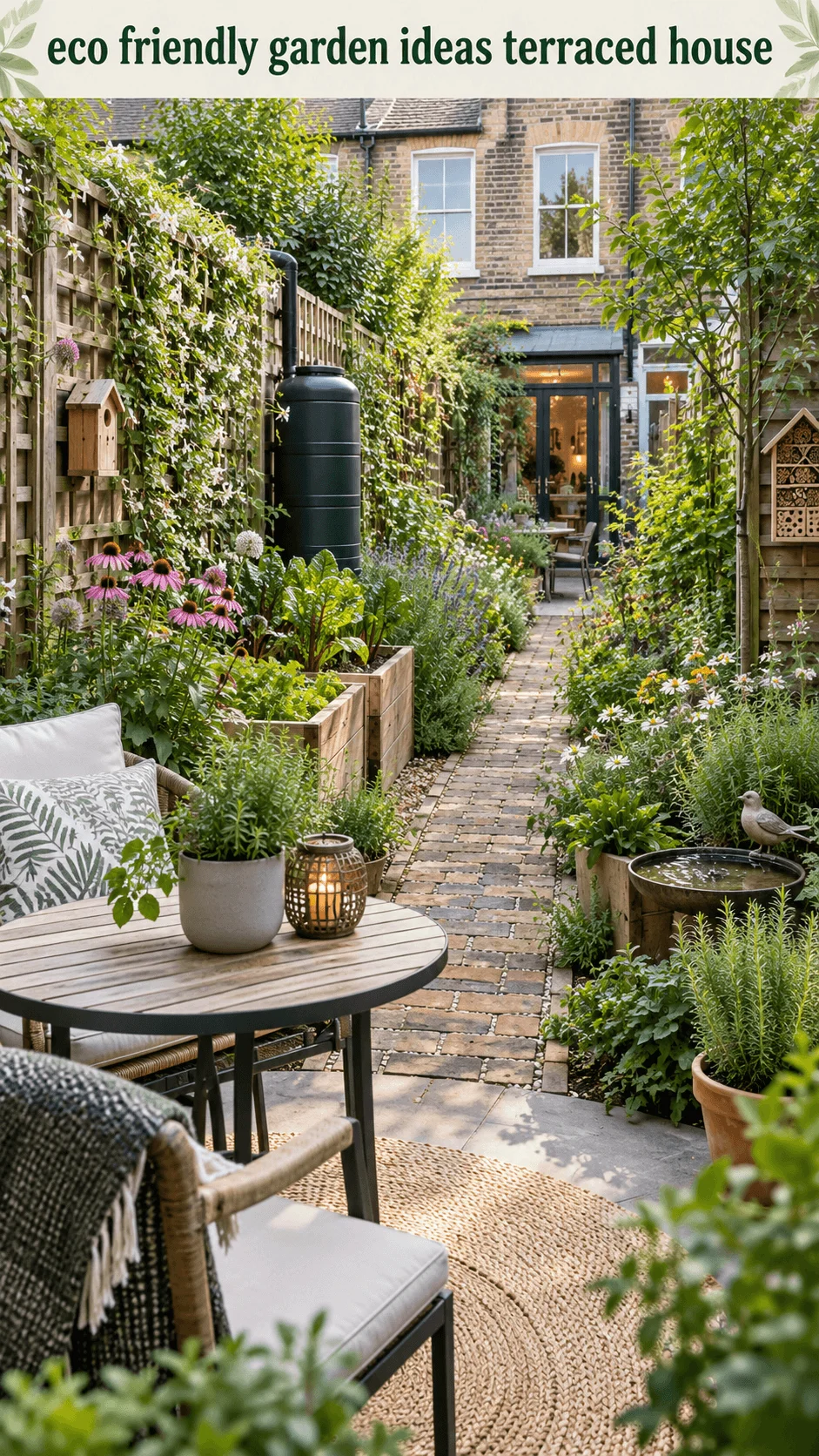 Eco friendly narrow terraced house garden with lush planting reclaimed brick path rainwater barrel wildlife features raised beds and sustainable outdoor seating