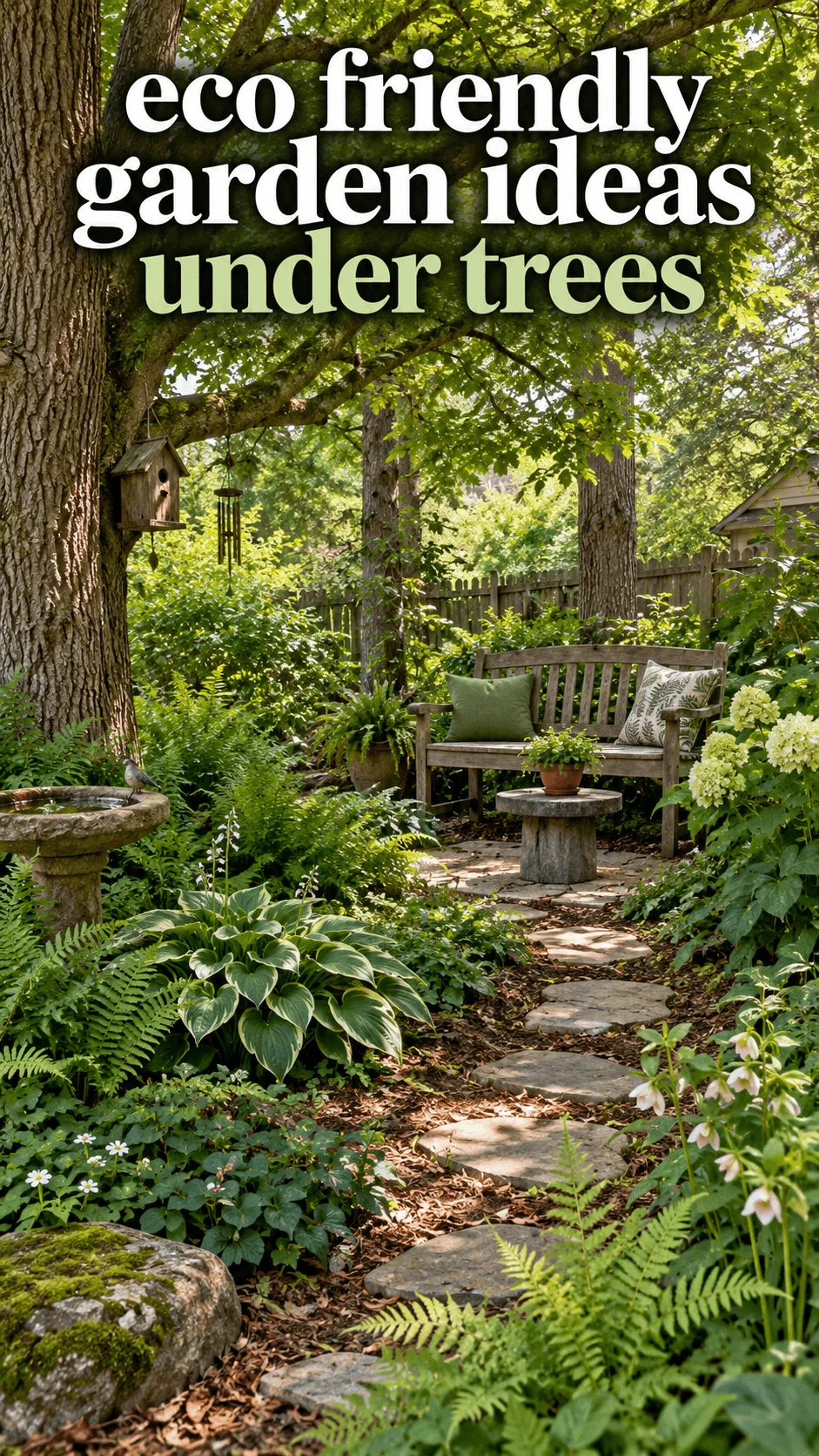 Eco friendly garden ideas under mature trees with lush shade plants stone pathway wooden bench birdbath and natural woodland landscaping