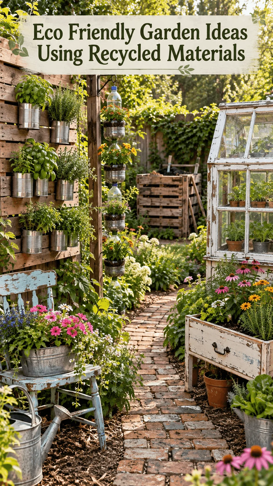 Eco friendly garden using recycled materials with tin can herb planters plastic bottle flower planters reclaimed wood compost bins vintage furniture planters old window greenhouse and reclaimed brick pathway