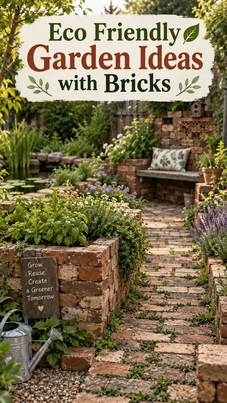 Eco friendly garden with reclaimed brick pathways raised herb beds lush flowers wildlife pond rustic bench watering can and sustainable greenery