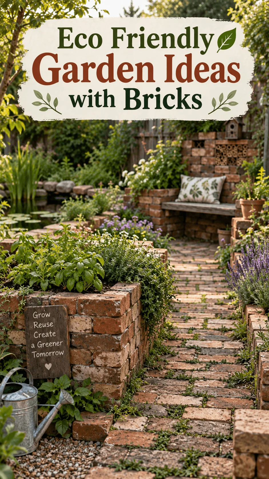Eco friendly garden with reclaimed brick pathways raised herb beds lush flowers wildlife pond rustic bench watering can and sustainable greenery