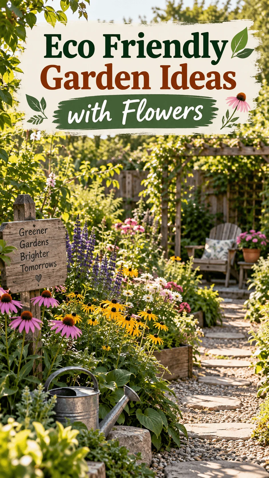 Eco friendly flower garden with colorful coneflowers black eyed Susans and purple blooms beside a natural stone path with a watering can and rustic garden seating
