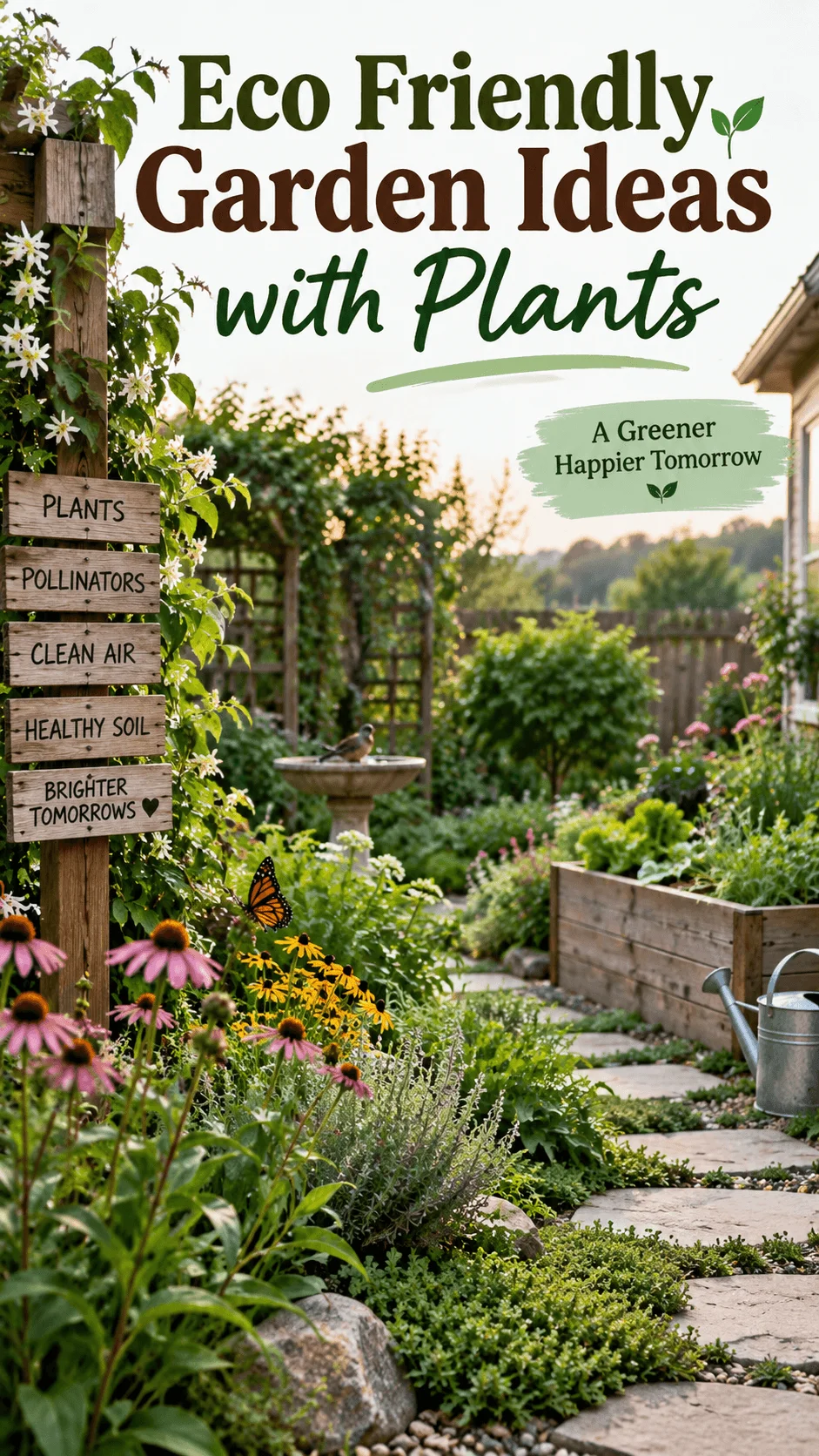 Eco friendly garden with flowering plants, pollinator friendly blooms, raised beds, stone pathway, birdbath, watering can and sustainable gardening signs promoting healthy soil and clean air