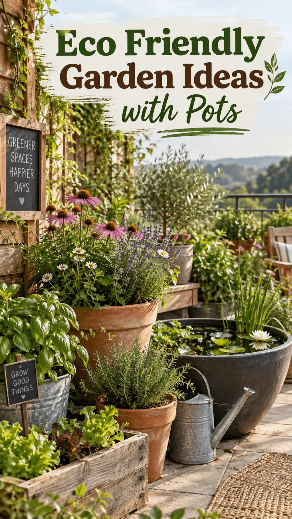 Eco friendly container garden with terracotta pots herbs pollinator flowers leafy plants a small pond and watering can on a sunny patio