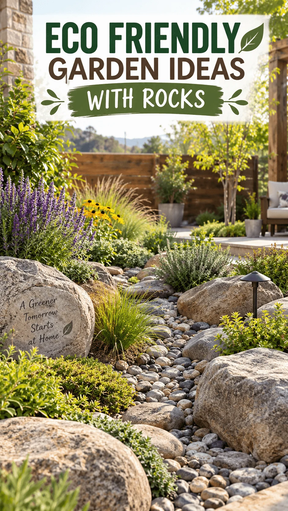 Eco friendly garden ideas with rocks featuring a dry creek bed, large natural boulders, colorful flowering plants, ornamental grasses and sustainable backyard landscaping