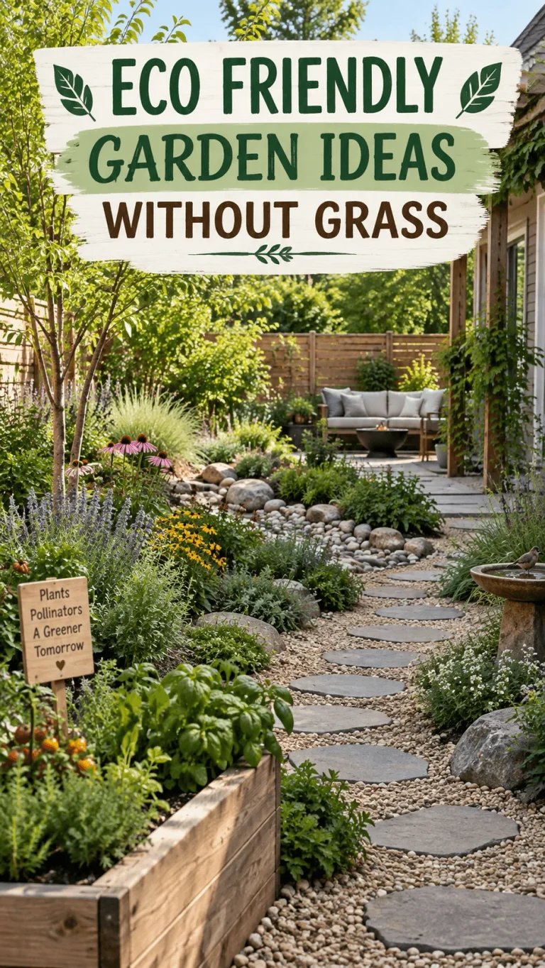 Eco friendly garden without grass featuring stepping stone paths native flowers raised herb beds a dry creek wildlife friendly planting and a cozy outdoor seating area