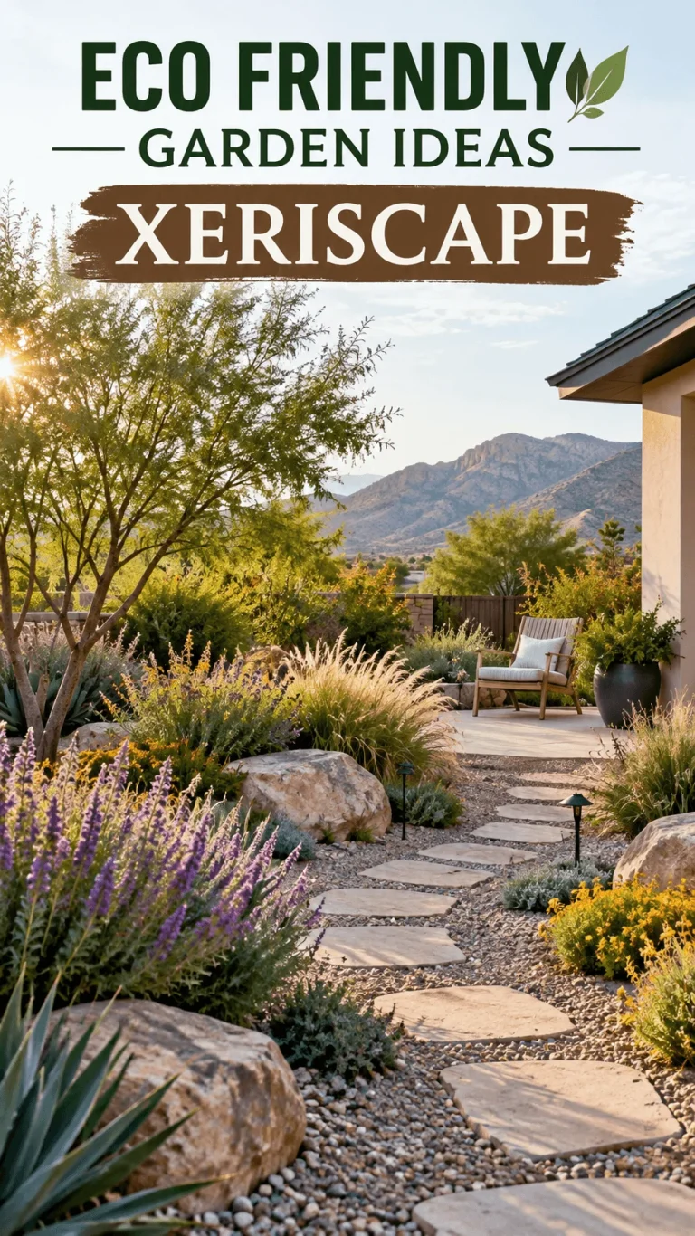 Eco friendly xeriscape garden with drought tolerant plants ornamental grasses colorful flowers natural stone path gravel boulders and a sunny outdoor seating area