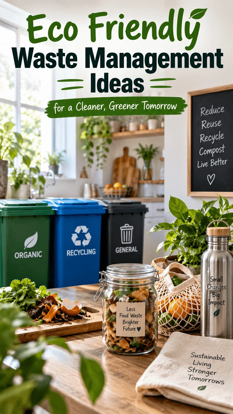 Eco friendly waste management ideas featuring recycling bins compostable food scraps reusable shopping bags a refillable water bottle and sustainable kitchen habits for a cleaner greener future