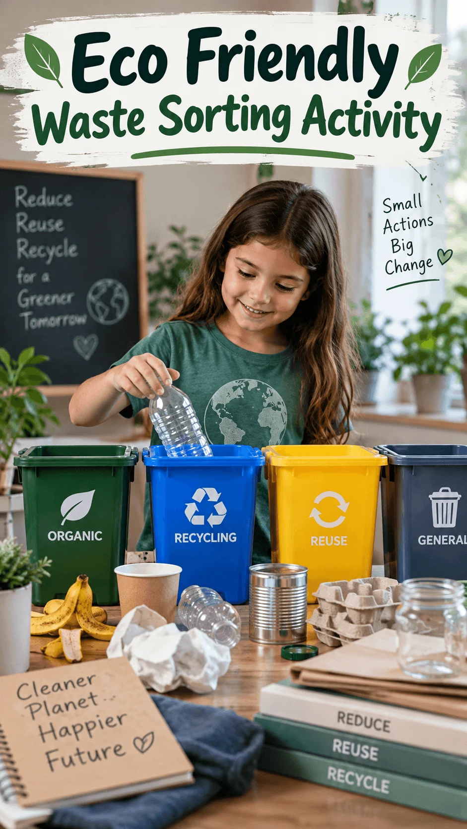Young girl practicing an eco friendly waste sorting activity by placing a plastic bottle into a recycling bin beside organic reuse and general waste bins with recyclable household materials on a table