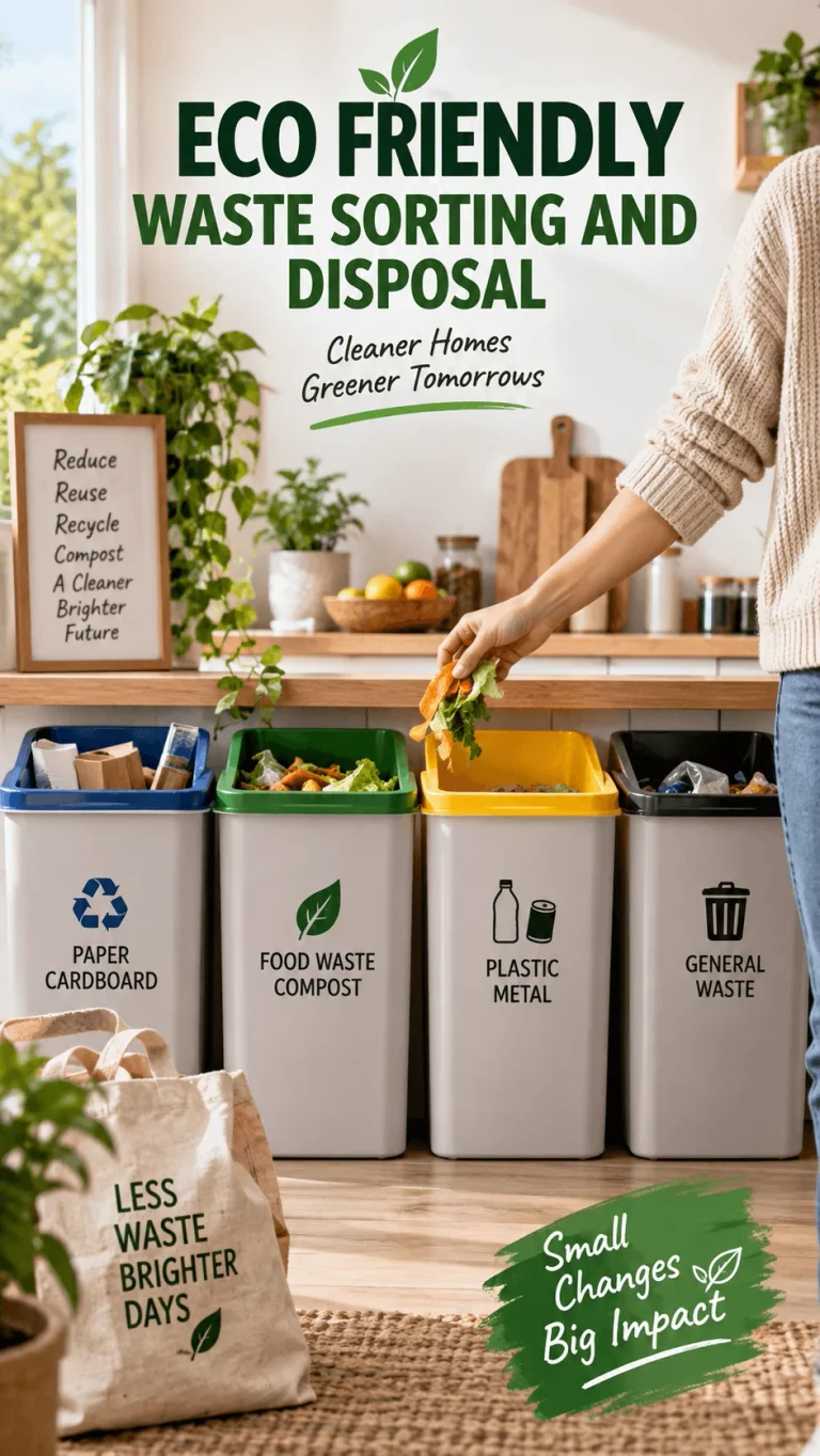 Eco friendly household waste sorting station with labeled bins for paper cardboard food waste compost plastic metal and general waste in a bright modern kitchen with a person adding food scraps and reusable shopping bags nearby