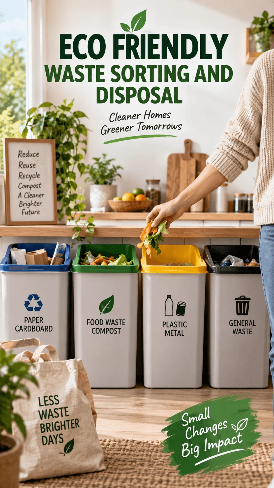 Eco friendly household waste sorting station with labeled bins for paper cardboard food waste compost plastic metal and general waste in a bright modern kitchen with a person adding food scraps and reusable shopping bags nearby