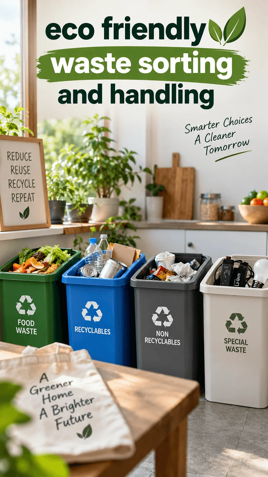 Realistic eco friendly kitchen waste sorting station with separate bins for food waste recyclables non recyclables and special waste surrounded by plants and sustainable home decor