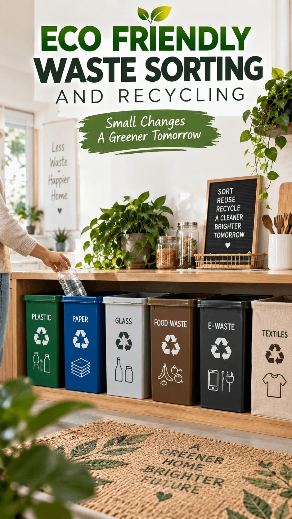 Eco friendly waste sorting and recycling station with labeled bins for plastic paper glass food waste electronic waste and textiles in a bright sustainable home.