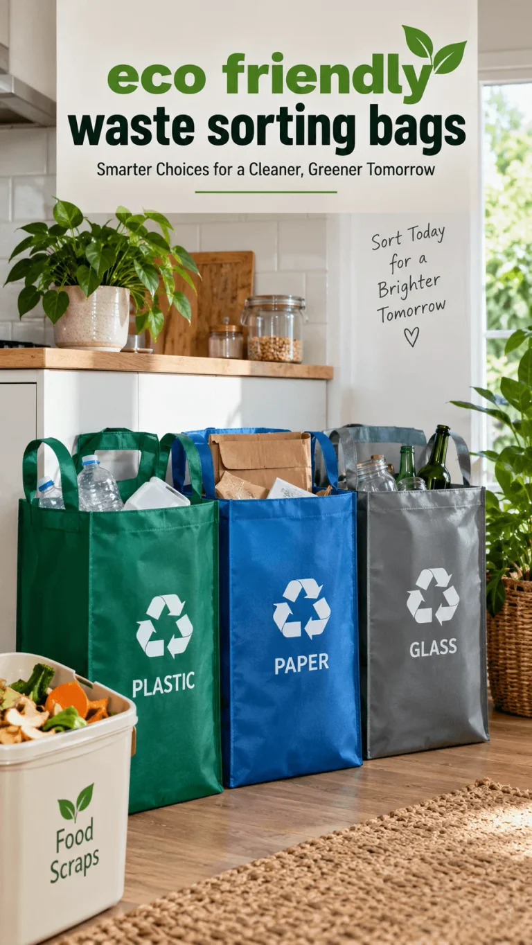 Reusable eco friendly waste sorting bags for plastic paper and glass with a food scraps bin in a bright green kitchen