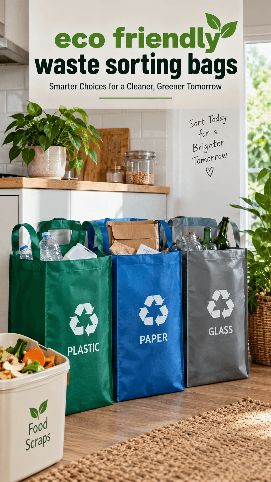 Reusable eco friendly waste sorting bags for plastic paper and glass with a food scraps bin in a bright green kitchen