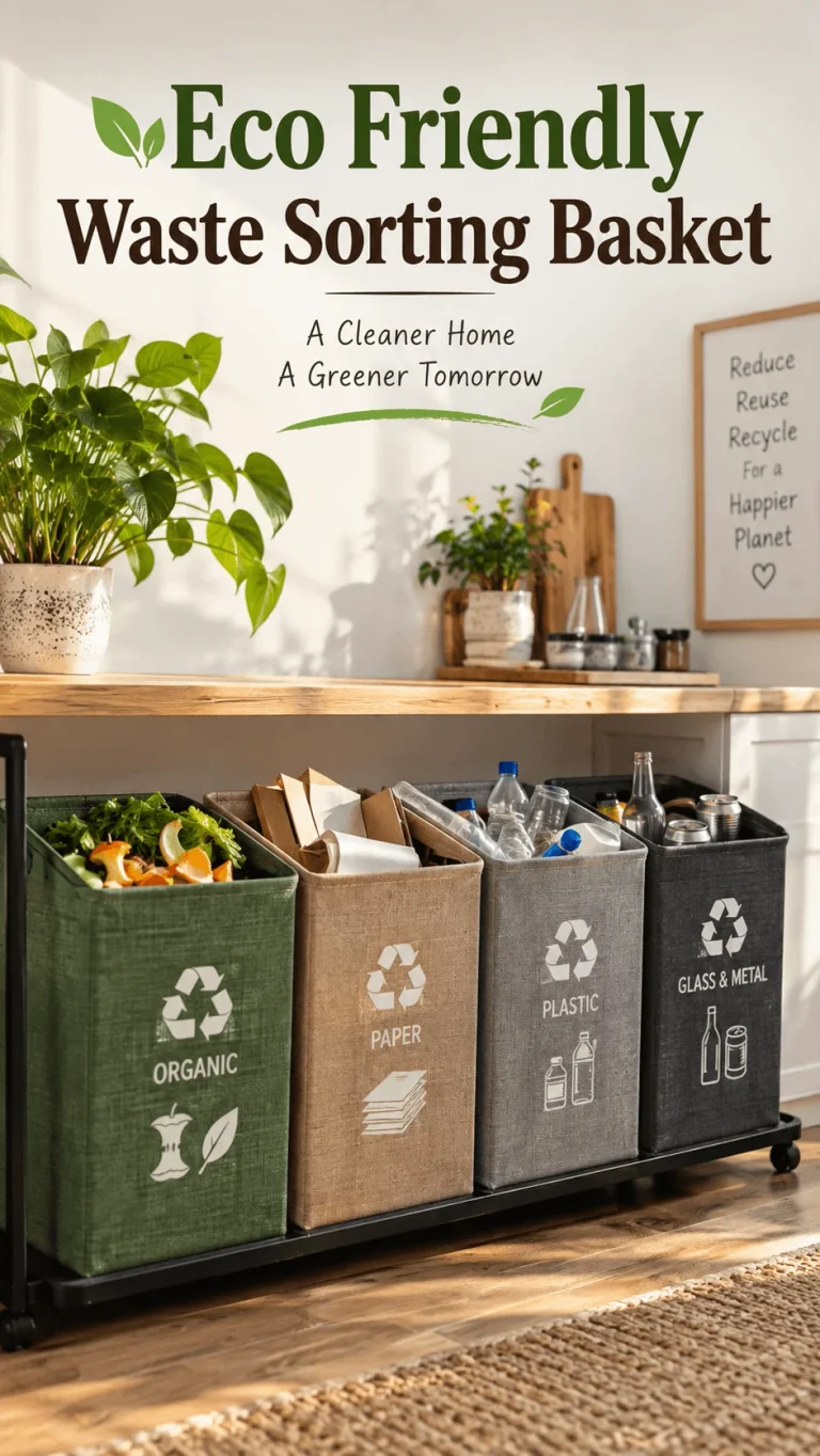 Eco friendly waste sorting baskets for organic waste paper plastic glass and metal in a bright sustainable kitchen
