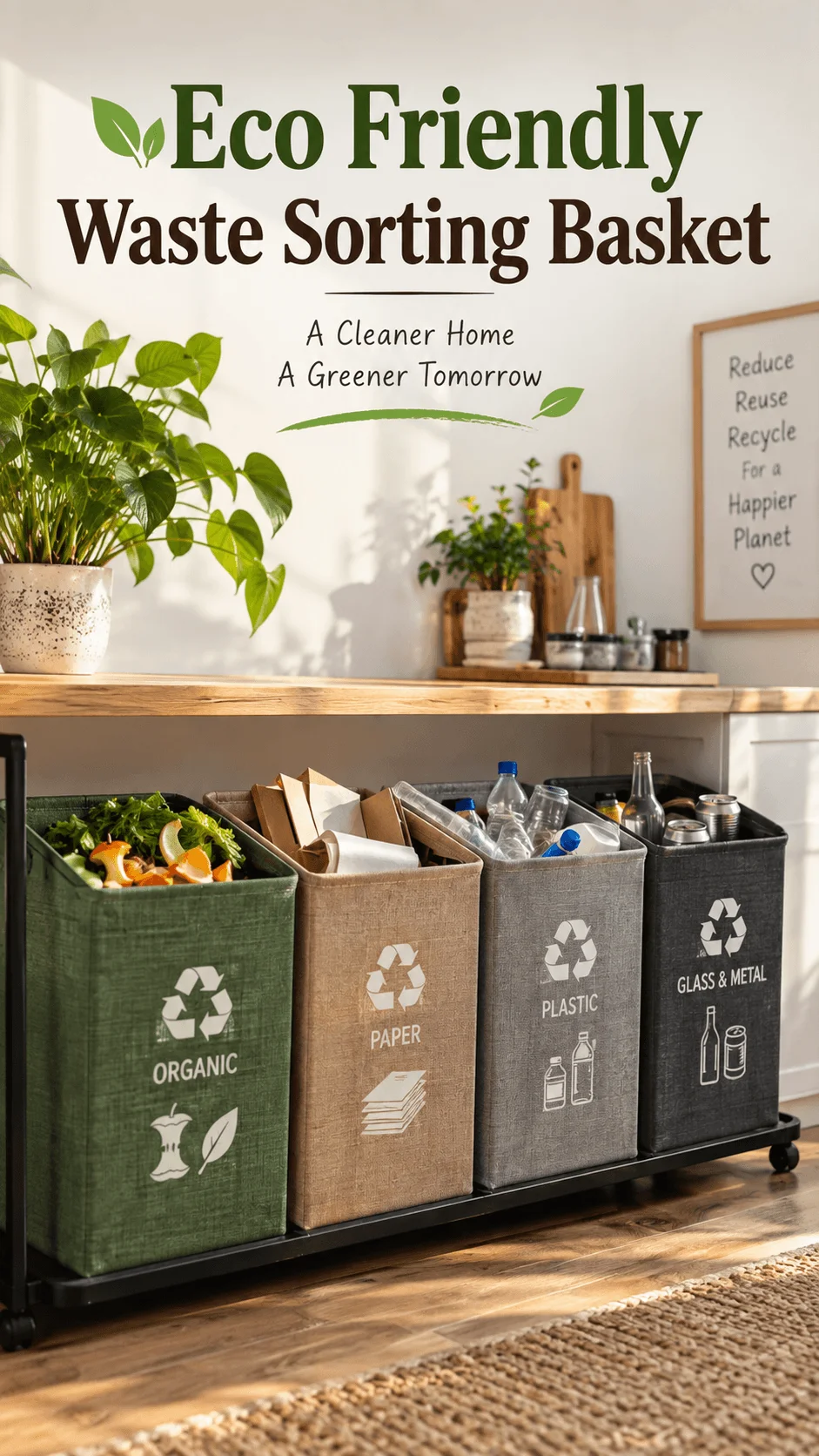 Eco friendly waste sorting baskets for organic waste paper plastic glass and metal in a bright sustainable kitchen