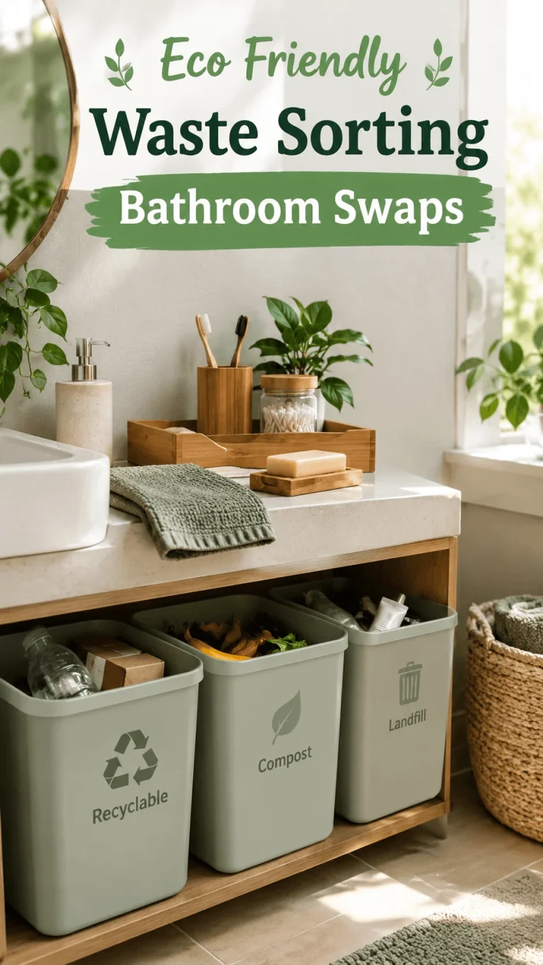 Eco friendly waste sorting bathroom swaps with recyclable compost and landfill bins in a bright natural bathroom
