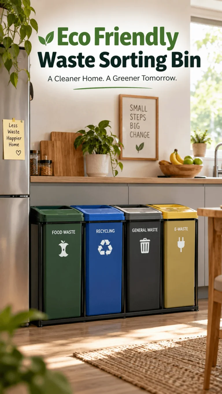 Eco friendly waste sorting bin system with separate containers for food waste recycling general waste and e waste in a bright modern kitchen