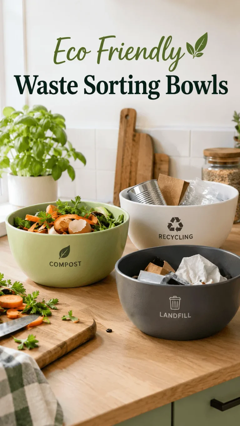 Eco friendly waste sorting bowls for compost recycling and landfill in a kitchen setting