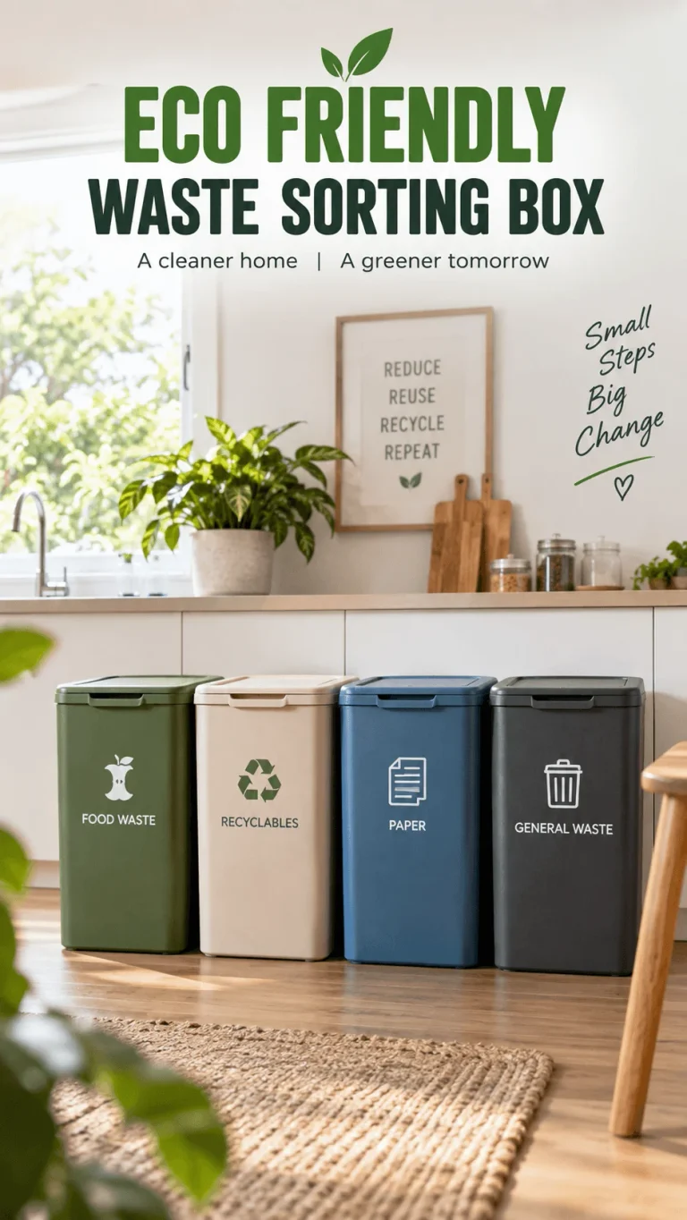 Eco friendly waste sorting station with four labeled bins for food waste recyclables paper and general waste in a bright modern kitchen with green plants and natural decor