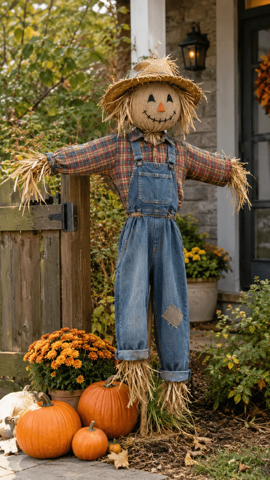 A homemade Halloween scarecrow wearing old denim overalls, a plaid shirt, and a straw hat with a burlap pumpkin face, standing in a fall garden surrounded by pumpkins, orange chrysanthemums, autumn leaves, and rustic wooden fencing.