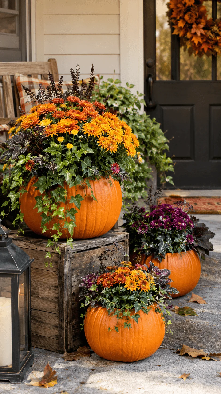 Natural Halloween pumpkin planters filled with orange and purple flowers, trailing ivy, and lush greenery decorate a front porch beside a rustic wooden crate, black lantern, fallen autumn leaves, and a dark front door.