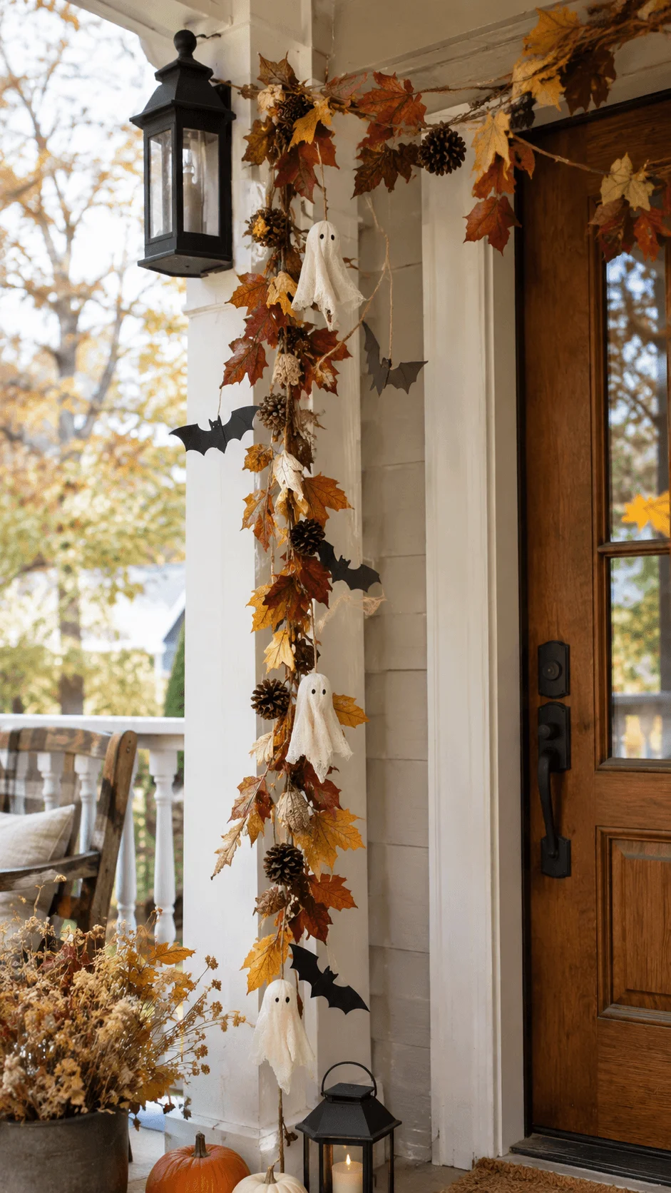 Autumn leaf and twig garland with white ghost decorations, black paper bats, and pinecones hanging beside a wooden front door, with black lanterns, pumpkins, and dried flowers creating a cozy Halloween porch display.