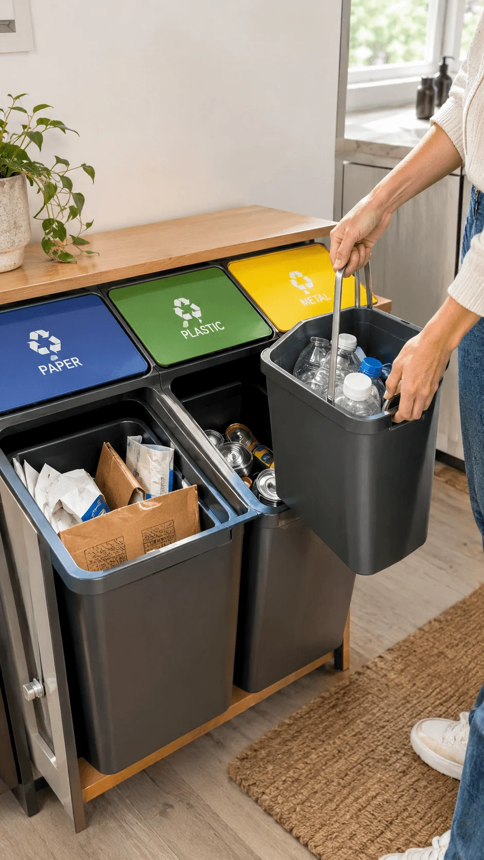 Bagless recycling system with removable buckets for sorting paper plastic metal and other recyclable materials in a modern kitchen