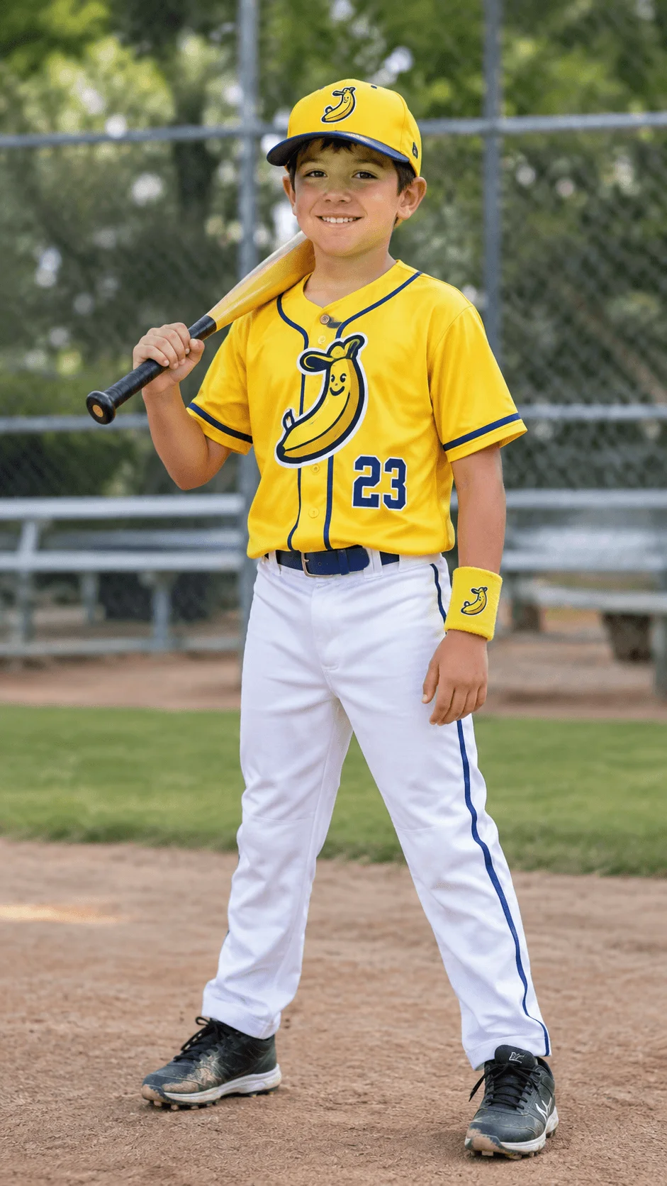 A smiling child wearing a yellow banana baseball player costume with a matching cap, white baseball pants, navy blue accents, and a yellow wristband while holding a baseball bat on a field.