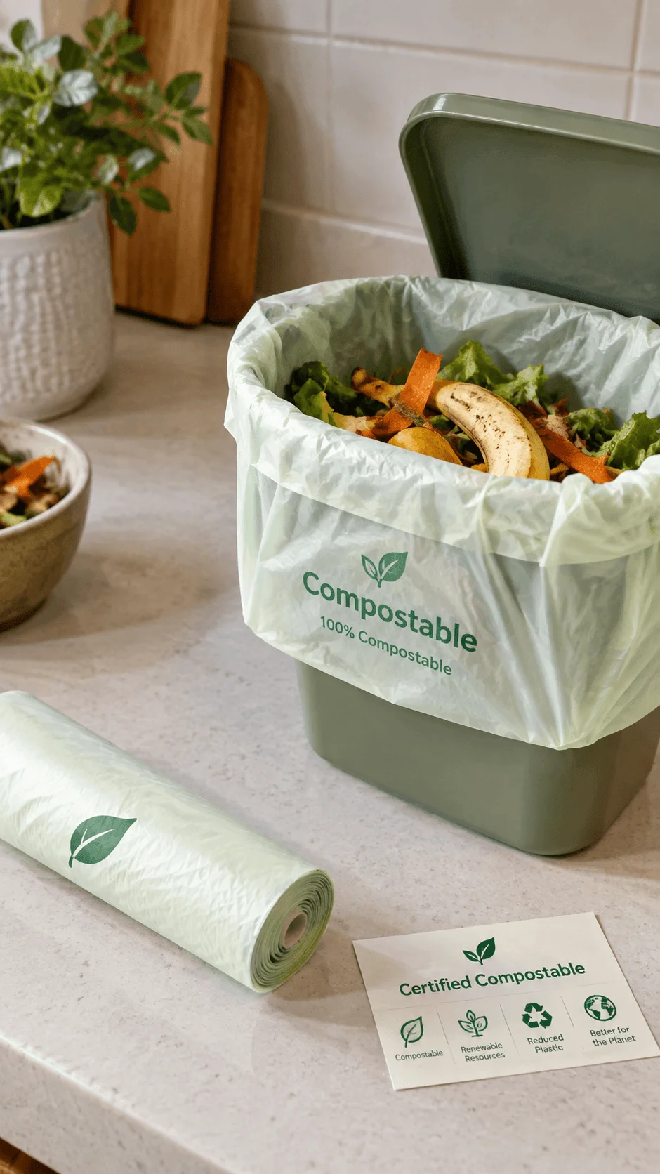 Certified compostable food waste liners with fruit and vegetable scraps in a kitchen compost bin