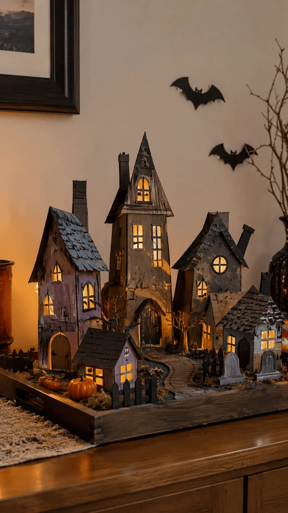 DIY cardboard haunted house Halloween village with miniature spooky houses, glowing warm windows, black bat decorations, tiny pumpkins, gravestones, wooden fences and winding pathways arranged on a rustic wooden tray for creative recycled Halloween decor