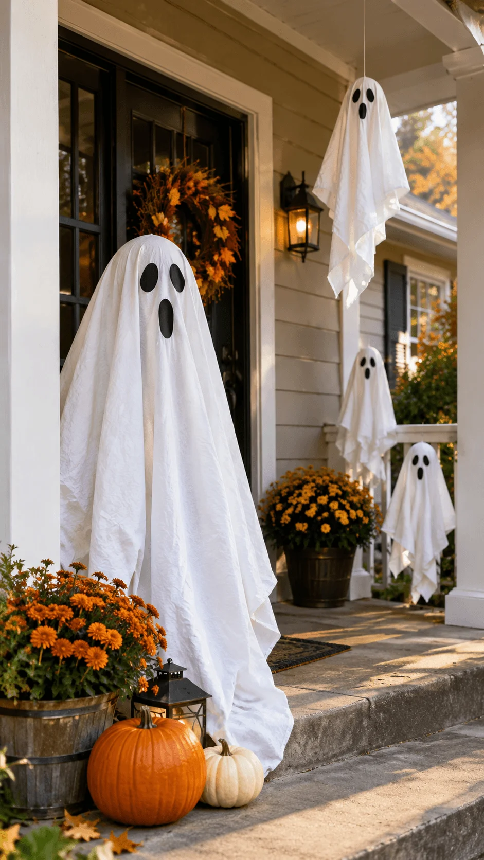 DIY Halloween ghosts made from old white bedsheets with black facial features hanging around a front porch, decorated with orange chrysanthemums, pumpkins, an autumn wreath, and a glowing lantern for eco friendly outdoor Halloween decor.