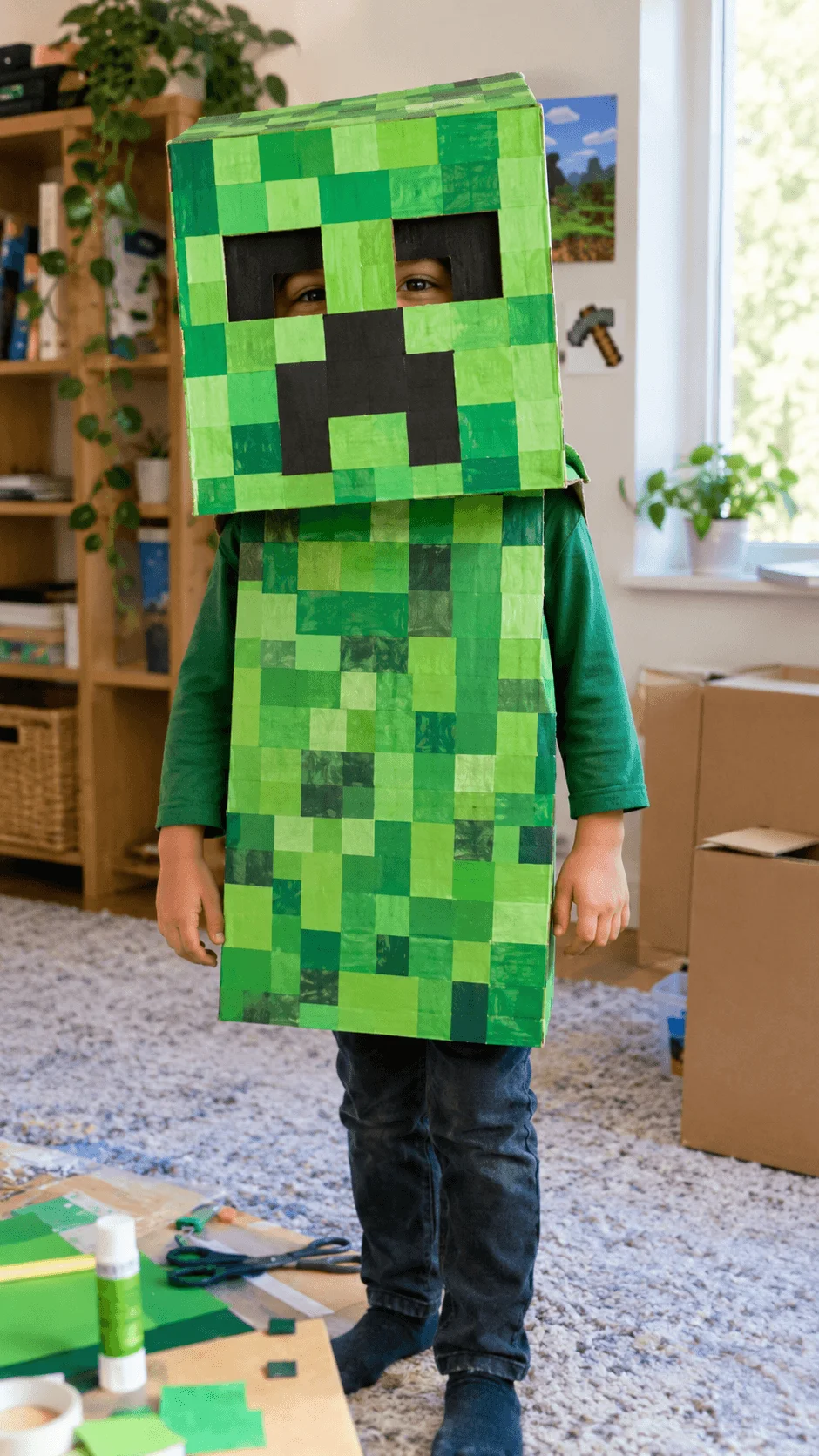 Child wearing a homemade Minecraft Creeper costume made from recycled cardboard painted in green pixel squares, with a black Creeper face, standing in a cozy room surrounded by craft supplies and cardboard boxes.