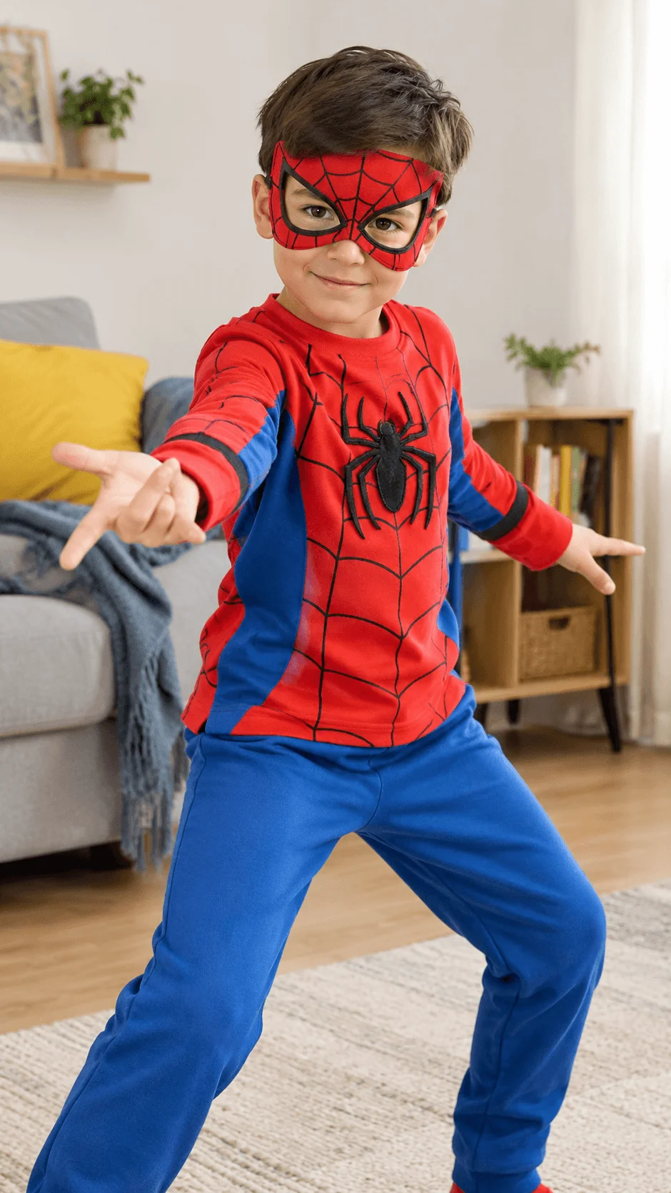 DIY Spider Man Halloween costume for boys using clothes you already own, featuring a child wearing a red and blue superhero outfit with a spider design and matching red mask while posing in a living room