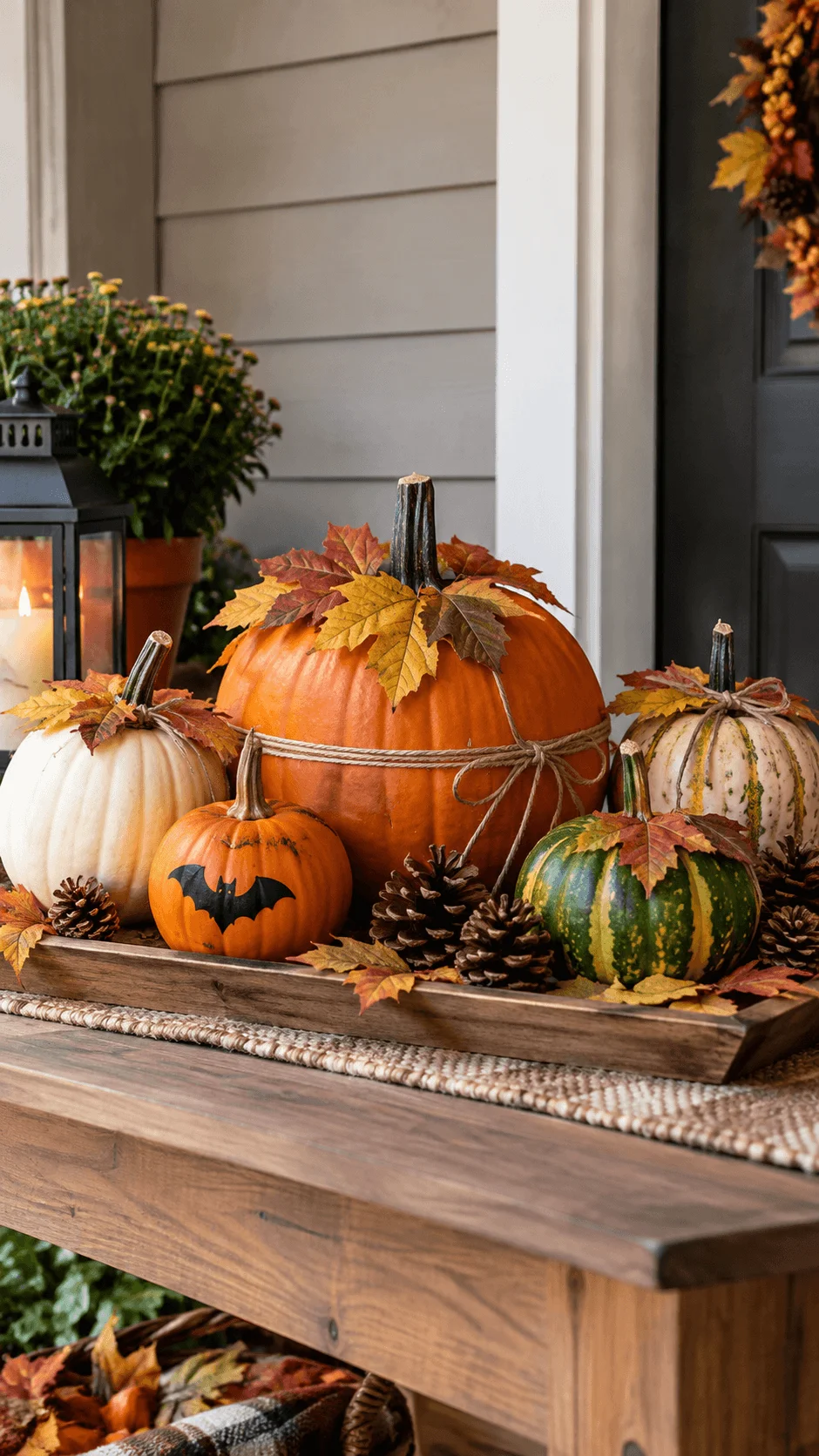 Eco friendly pumpkin decorating ideas featuring natural pumpkins adorned with autumn leaves, rustic twine, pinecones and reusable Halloween decorations arranged on a wooden tray with a glowing lantern and potted flowers on a cozy front porch