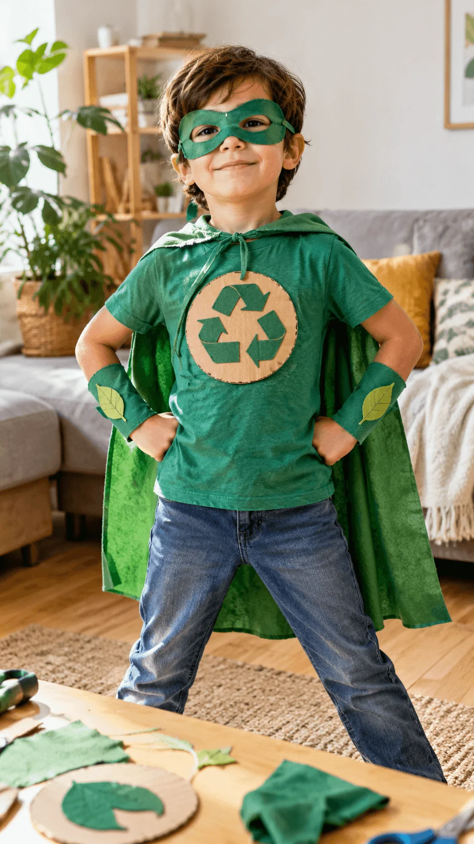 Child wearing an eco warrior superhero costume made from reusable materials, featuring a green shirt, handmade green mask and cape, cardboard recycling symbol, and leaf wristbands, posing proudly indoors with recycled craft supplies.